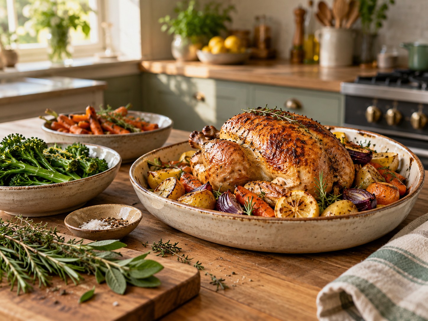 Roast chicken, seasonal vegetables and fresh herbs prepared in a home kitchen